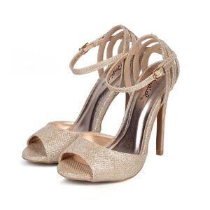 QUPID Nude Rose Gold Rhinestone Ankle Buckles Stiletto Heels Pump Shoes *7.5 M*